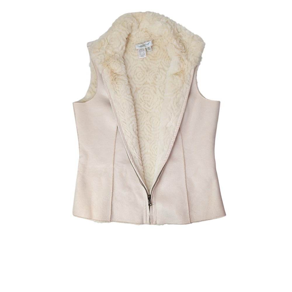 Coldwater Creek Women XS‎ Cream Faux Suede Fur Lined Rose Embossed Vest Ivory